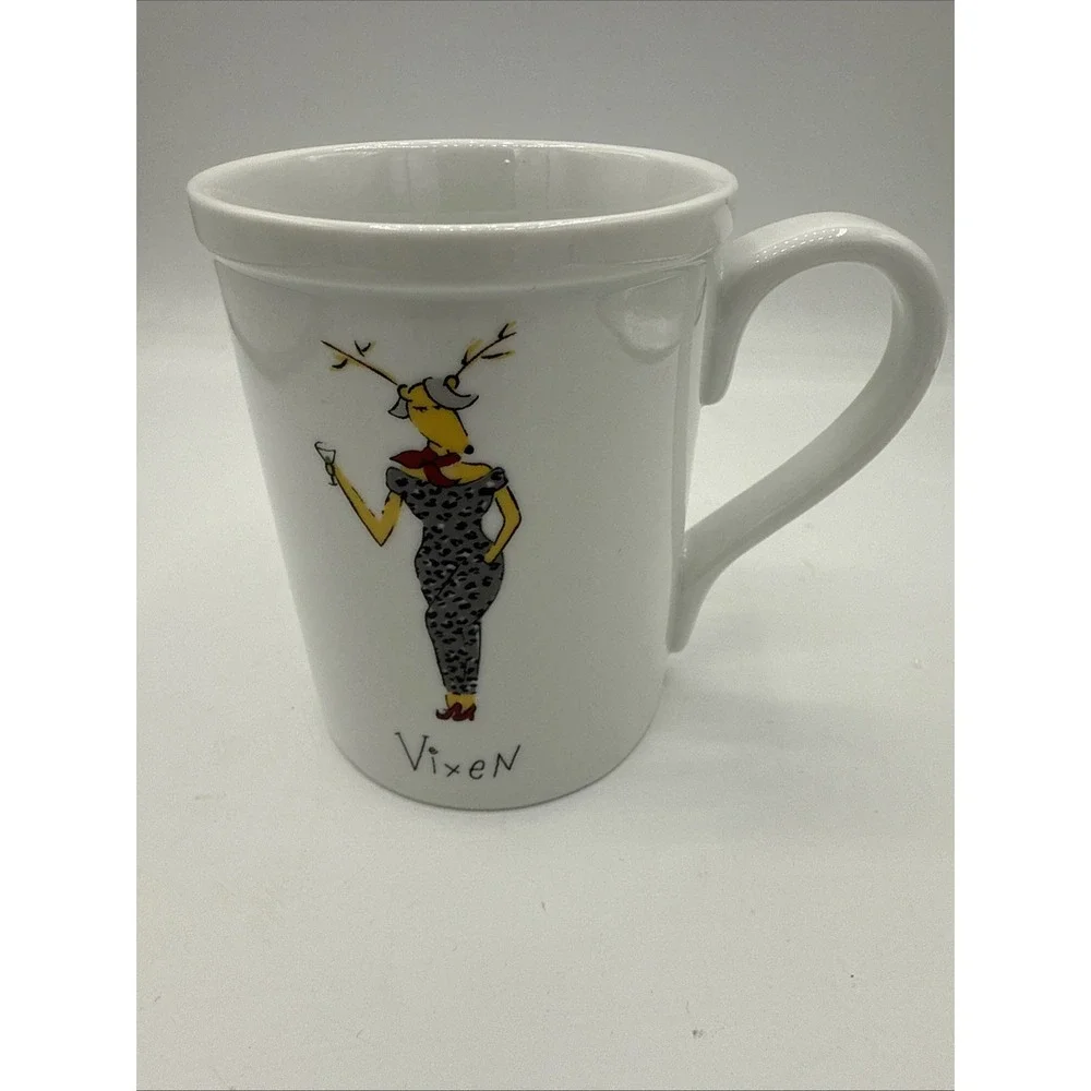 Pottery Barn Ceramic Mug Christmas Santa Reindeers Vixen Coco Coffee Tea Euc